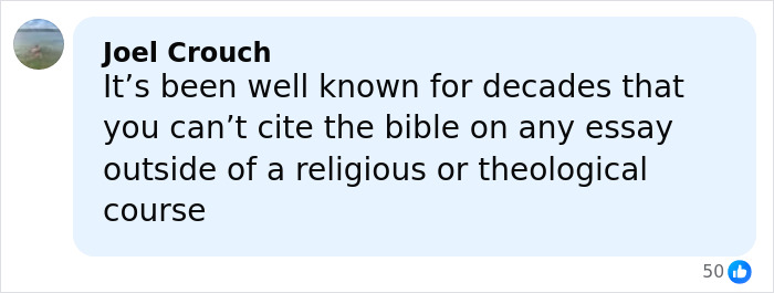 Comment stating that citing the Bible in essays is only allowed in religious or theological courses related to trans instructor controversy.