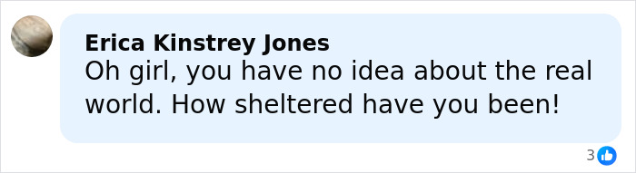 Comment from Erica Kinstrey Jones criticizing someone's sheltered view in a discussion related to a gender essay and Bible citation. Comment from Erica Kinstrey Jones criticizing someone's sheltered view in a discussion related to a gender essay and Bible citation.