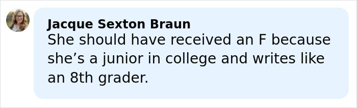 Comment from Jacque Sexton Braun about a college junior’s grade on a gender essay citing the Bible.