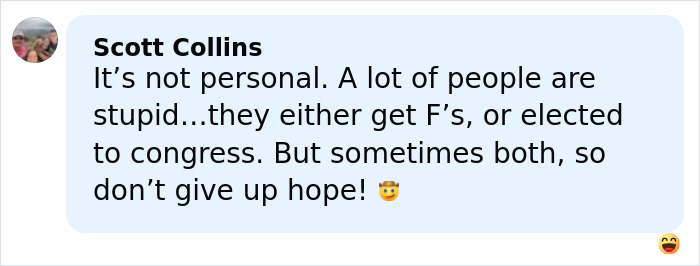 Comment by Scott Collins discussing people failing or being elected to congress, relating to a trans instructor ousted from college.