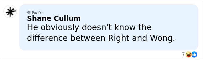 Comment on social media by Shane Cullum mentioning Jurassic World star BD Wong in a discussion about a racist comment apology. Comment on social media by Shane Cullum mentioning Jurassic World star BD Wong in a discussion about a racist comment apology.