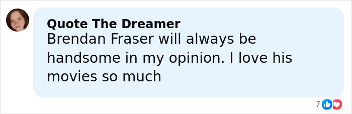 Facebook comment praising Brendan Fraser's looks and movies, reflecting fan admiration after Oscar victory.