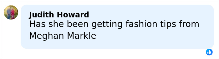 Comment by Judith Howard asking if she has been getting fashion tips from Meghan Markle, displayed on a social media post. Comment by Judith Howard asking if she has been getting fashion tips from Meghan Markle, displayed on a social media post.