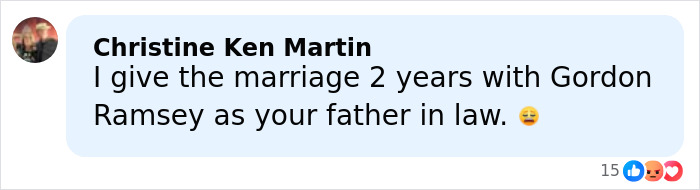 Comment on a social media post about Gordon Ramsay's family, mentioning marriage and featuring a casual profile photo. Comment on a social media post about Gordon Ramsay's family, mentioning marriage and featuring a casual profile photo.