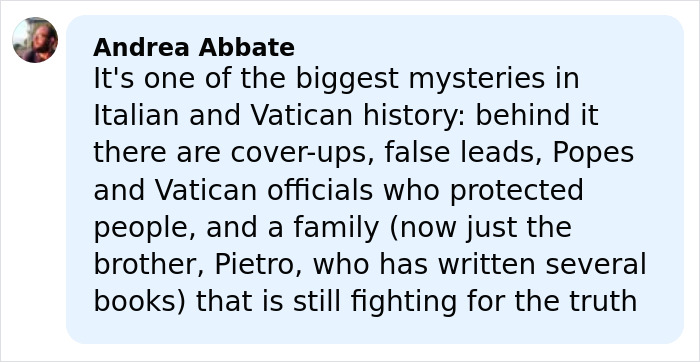 Screenshot of a comment discussing the decades-old cold case of the Vatican Girl involving cover-ups and ongoing family fight for truth.