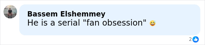 Comment from Bassem Elshemey describing a man involved in a danger incident as having serial fan obsession with a smiling emoji.