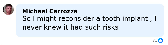 User comment expressing fear of tooth implant risks after patient's haunting final post from dentist chair before fatal procedure.