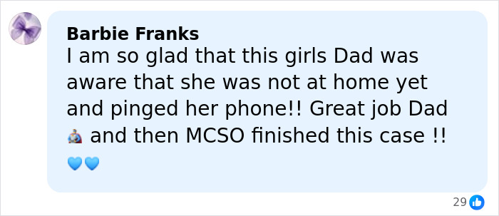 Comment praising heroic Texas dad for rescuing kidnapped daughter by tracking her phone in the woods on Christmas.