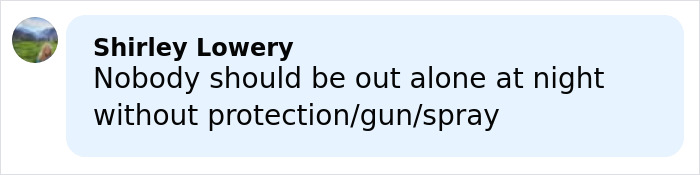 Comment by Shirley Lowery warning about the dangers of being alone at night without protection or spray.