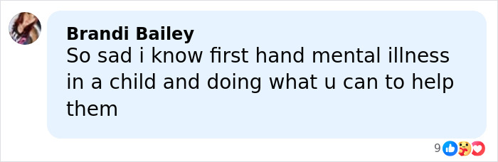 Comment from Brandi Bailey about knowing mental illness in a child and efforts to provide help and support.