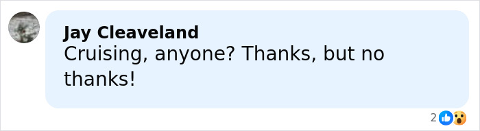 Comment by Jay Cleveland, saying Cruising, anyone? Thanks, but no thanks! with two reaction emojis. Comment by Jay Cleveland, saying Cruising, anyone? Thanks, but no thanks! with two reaction emojis.