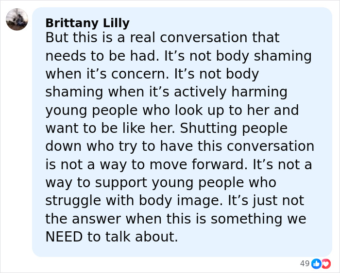 Comment from a family member addressing Ariana Grande's struggles and the impact on young people’s body image. Comment from a family member addressing Ariana Grande's struggles and the impact on young people’s body image.