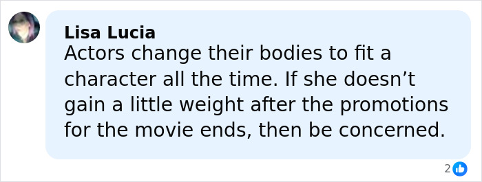 Comment about actors changing their bodies for roles, expressing concern about weight after movie promotions end. Comment about actors changing their bodies for roles, expressing concern about weight after movie promotions end.