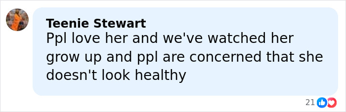 Comment from Teenie Stewart expressing concern about Ariana Grande not being in a healthy place and her struggles. Comment from Teenie Stewart expressing concern about Ariana Grande not being in a healthy place and her struggles.