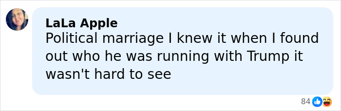 Comment by LaLa Apple expressing skepticism about JD Vance&rsquo;s political marriage amid public speculation.