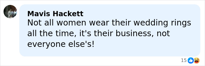 Comment by Mavis Hackett discussing women wearing wedding rings amid public speculation on JD Vance&rsquo;s marriage.