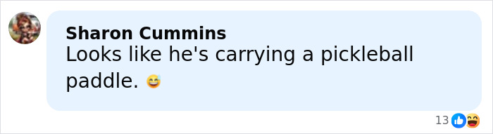 Comment by Sharon Cummins about Timothée Chalamet’s red carpet look, mentioning a pickleball paddle humorously. Comment by Sharon Cummins about Timothée Chalamet’s red carpet look, mentioning a pickleball paddle humorously.