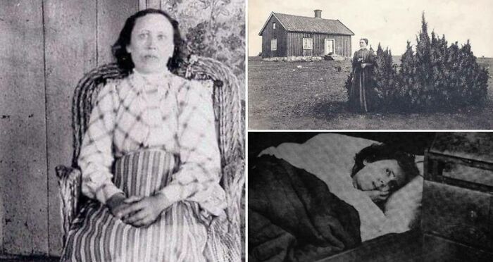 Collage of classic and iconic historical pictures featuring a seated woman, rural house, and person lying in bed.