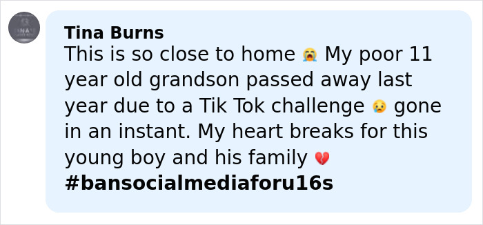 Facebook comment by Tina Burns expressing grief over her 11-year-old grandson’s death linked to a TikTok challenge. Facebook comment by Tina Burns expressing grief over her 11-year-old grandson’s death linked to a TikTok challenge.