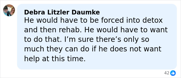 Comment from Debra Litzler Daumke discussing forced detox and rehab related to Tylor Chase’s hospitalization and challenges with seeking help. Comment from Debra Litzler Daumke discussing forced detox and rehab related to Tylor Chase’s hospitalization and challenges with seeking help.
