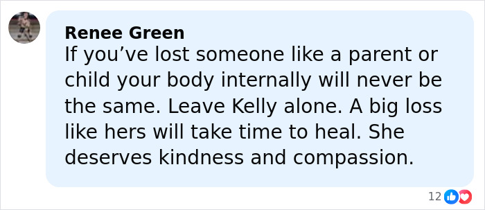 Comment from Renee Green expressing support and compassion for Kelly’s heartbreaking weight loss and healing process. Comment from Renee Green expressing support and compassion for Kelly’s heartbreaking weight loss and healing process.