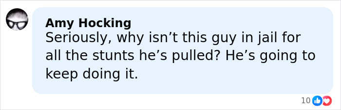 Comment by Amy Hocking expressing concern about a man’s repeated stunts and jail time related to Ariana Grande incident.