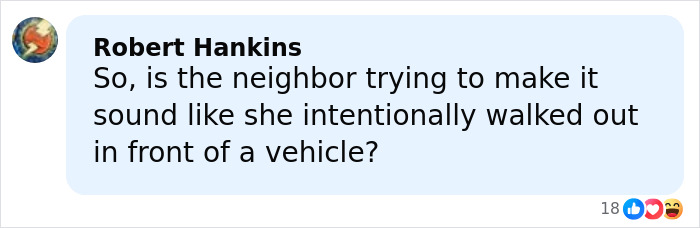 Comment by Robert Hankins questioning if the neighbor implies the Marvelous Mrs. Maisel actress caused the NYC street accident. Comment by Robert Hankins questioning if the neighbor implies the Marvelous Mrs. Maisel actress caused the NYC street accident.