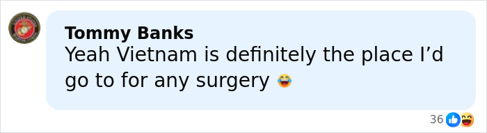 Comment about plastic surgery in Vietnam, with a laughing emoji reacting to the risks mentioned. Comment about plastic surgery in Vietnam, with a laughing emoji reacting to the risks mentioned.