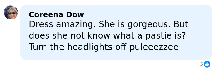 Fan comment on Kate Hudson's dress detail sparking frenzy, praising the look but questioning the style choice.