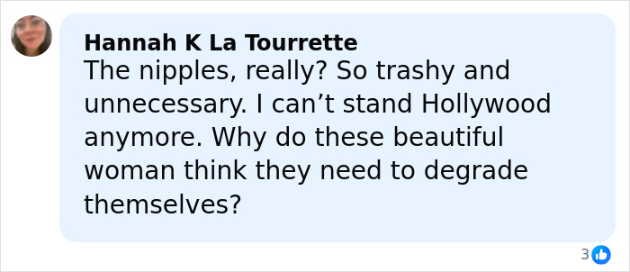 Comment criticizing Kate Hudson's dress detail, expressing frustration with Hollywood trends and self-degradation.