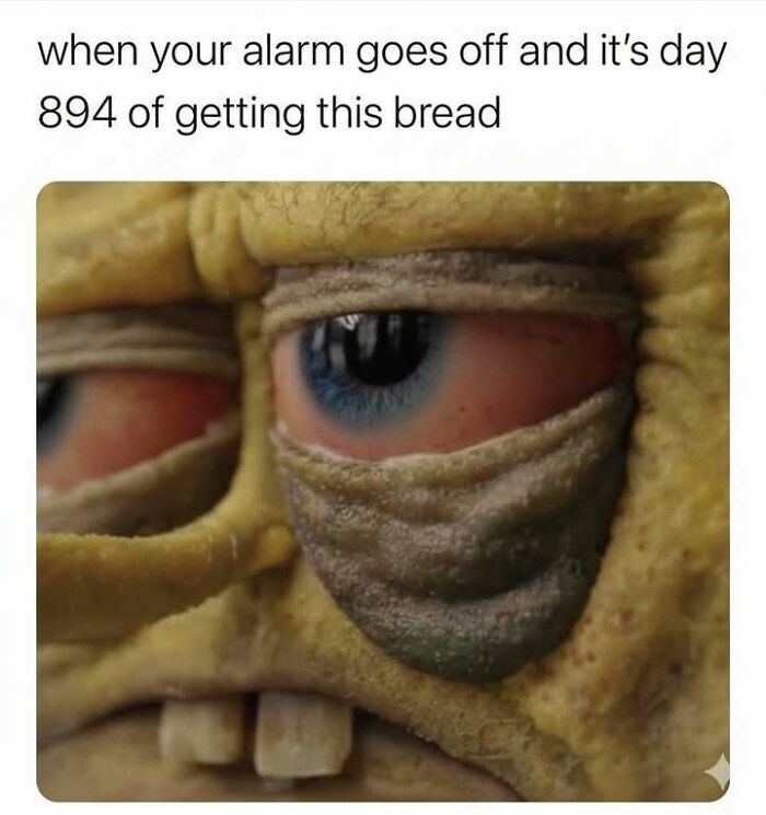 Close-up of tired cartoon character’s face with red eyes and caption about daily routine in hilarious memes.