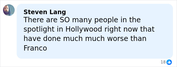 Comment by Steven Lang discussing people in Hollywood and mentioning James Franco's situation in a blue comment box.