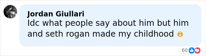 Comment by Jordan Giullari expressing childhood appreciation for James Franco and Seth Rogan on social media post.