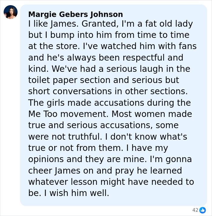 Comment by Margie Gebers Johnson sharing personal encounters with James Franco and reflecting on lessons learned since being cast out of Hollywood.