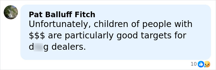 Comment by Pat Balluff Fitch discussing children of wealthy people as targets for d**g dealers in a social media post. Comment by Pat Balluff Fitch discussing children of wealthy people as targets for d**g dealers in a social media post.