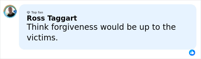 Comment by Ross Taggart on social media discussing forgiveness in response to Dame Judi Dench's words on Harvey Weinstein.