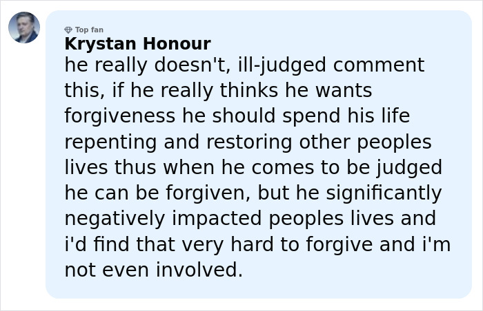 Comment from Krystan Honour expressing disagreement with ill-judged comment on Harvey Weinstein forgiveness debate.