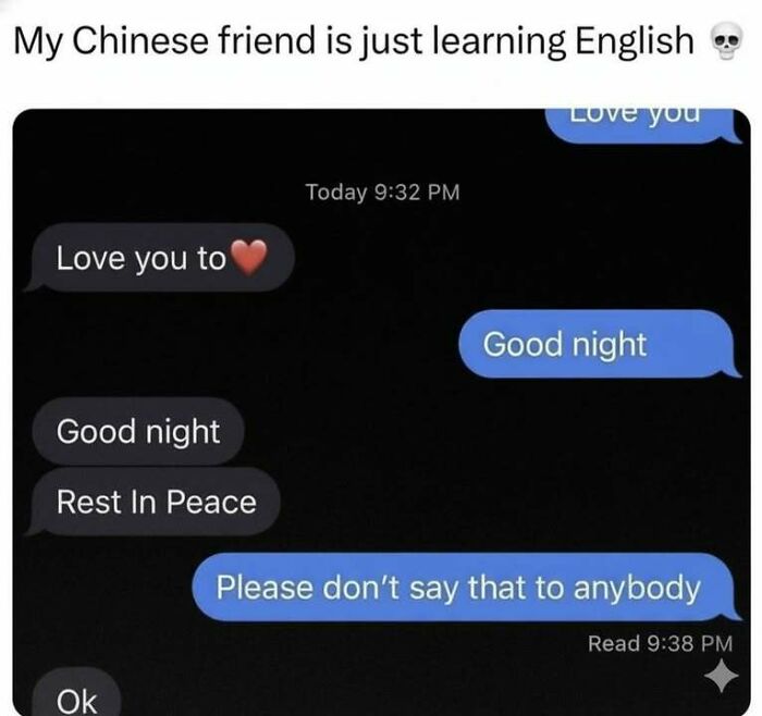 Text message exchange showing humorous English learning mistake with phrase mix-up, part of hilarious memes collection.