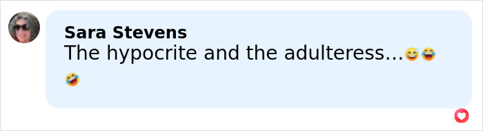 Comment by Sara Stevens calling someone a hypocrite and adulteress with laughing emojis on a light blue social media message bubble.