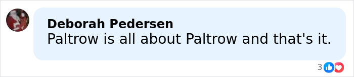 Comment from Deborah Pedersen criticizing Gwyneth Paltrow in a social media post about a Coldplay kiss cam incident.