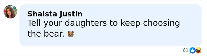 Social media comment from Shaista Justin advising daughters to keep choosing the bear emoji in a discussion about accused teens luring daughter. Social media comment from Shaista Justin advising daughters to keep choosing the bear emoji in a discussion about accused teens luring daughter.