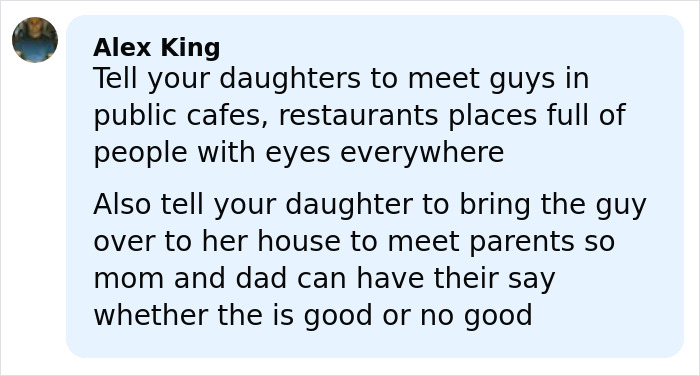 Comment advising daughters to meet guys in public places as a tactic to avoid being lured by accused teens before an attack Comment advising daughters to meet guys in public places as a tactic to avoid being lured by accused teens before an attack