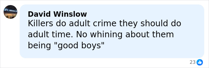 Comment from David Winslow stating killers should serve adult time without excuses, related to accused teens luring tactic. Comment from David Winslow stating killers should serve adult time without excuses, related to accused teens luring tactic.