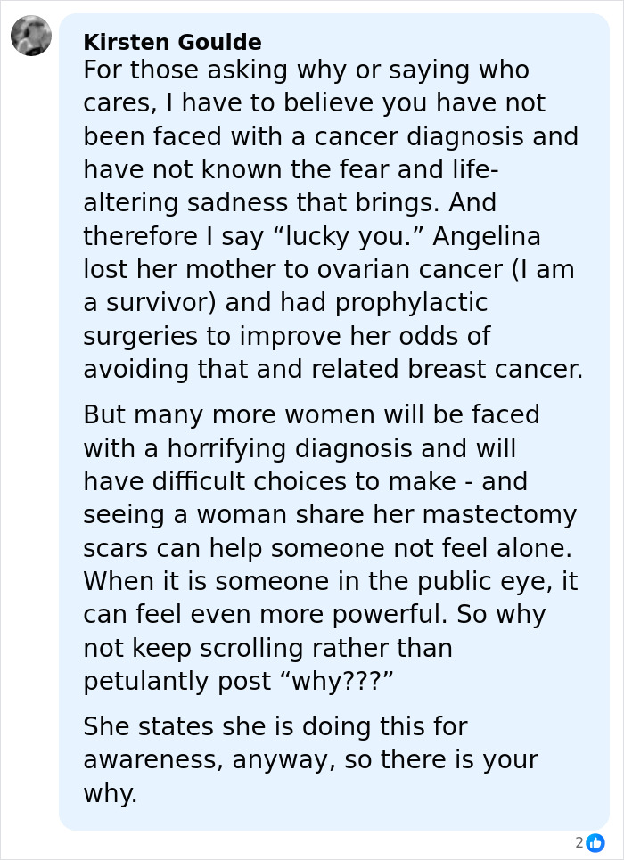Comment explaining the importance of Angelina Jolie sharing mastectomy scars to raise awareness and support cancer survivors.