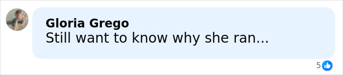 Facebook comment by Gloria Grego asking why she ran, related to child kidnapped from Kentucky found alive decades later. Facebook comment by Gloria Grego asking why she ran, related to child kidnapped from Kentucky found alive decades later.