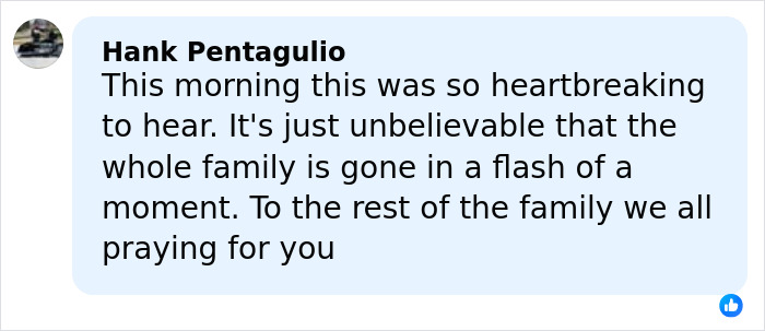 Comment expressing heartbreak and prayers for Greg Biffle's wife after harrowing text before plane crash.