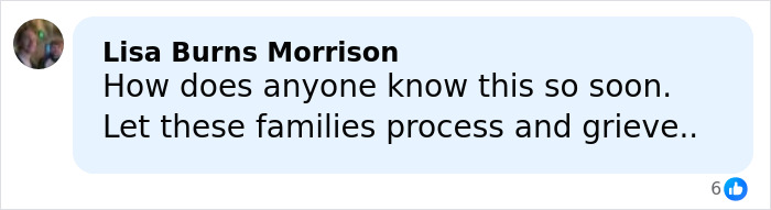 Lisa Burns Morrison&rsquo;s Facebook comment expressing grief and urging families to process after plane crash tragedy.