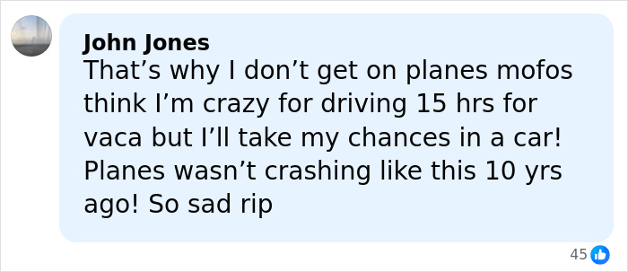 Comment by John Jones expressing fear of flying and mentioning plane crash related to Greg Biffle's wife harrowing text.
