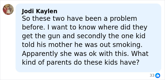 Facebook comment questioning parenting after teen boys set 14-year-old girl on fire in revenge incident.