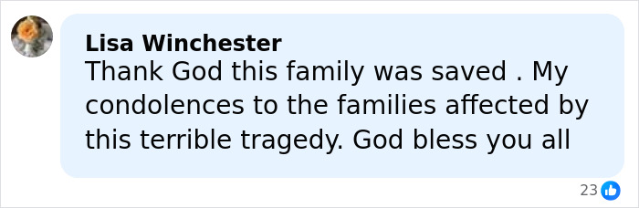 Comment from Lisa Winchester expressing gratitude that a family was saved after a Bondi Beach attack involving a bullet.